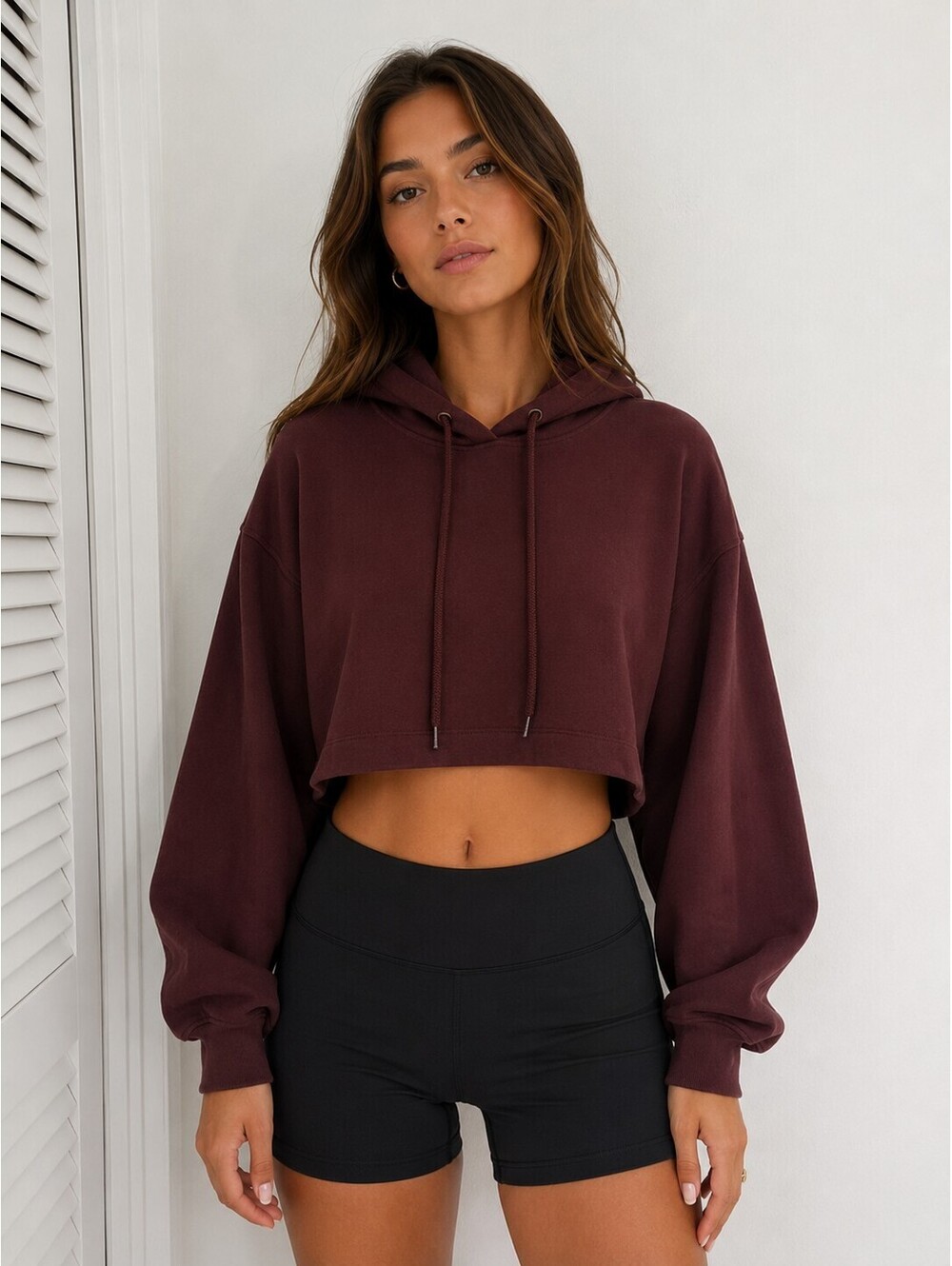 Cropped Maroon Hoodie Sweatshirt - Women's Casual Pullover